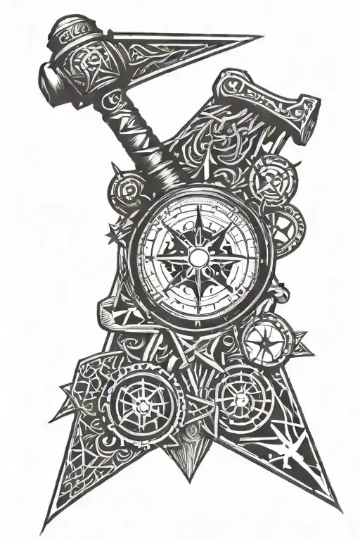 viking hammer and compass tattoo design idea