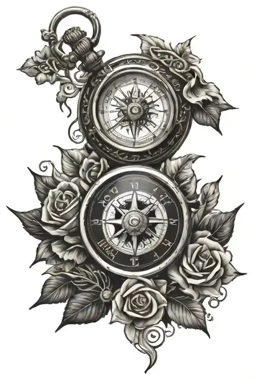 compass rose and pocket watch and decoration tattoo design idea