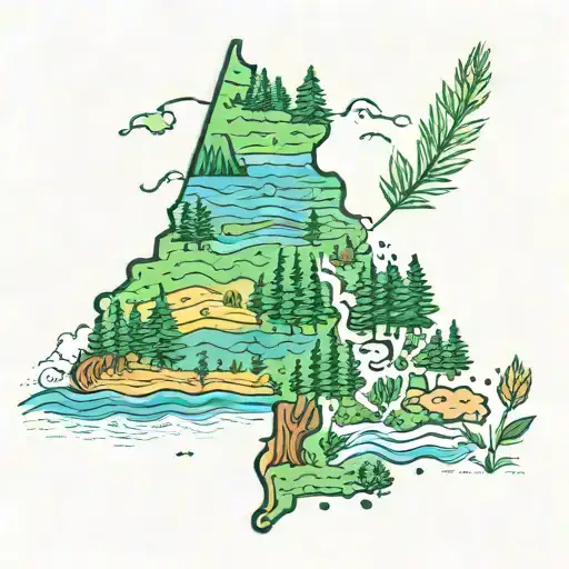 states of Minnesota with wheat grass in the bottom left corner, pines in the upper right corner, and a river inbetweeb tattoo design idea