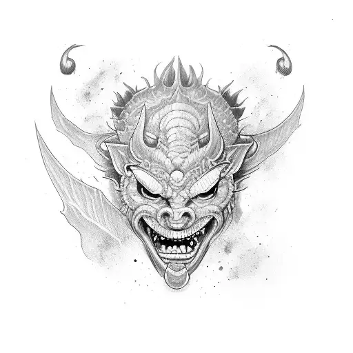 forearm tattoo broken oni mask with womens eyes behind it with a dragon coming down with around oni mask tattoo design idea