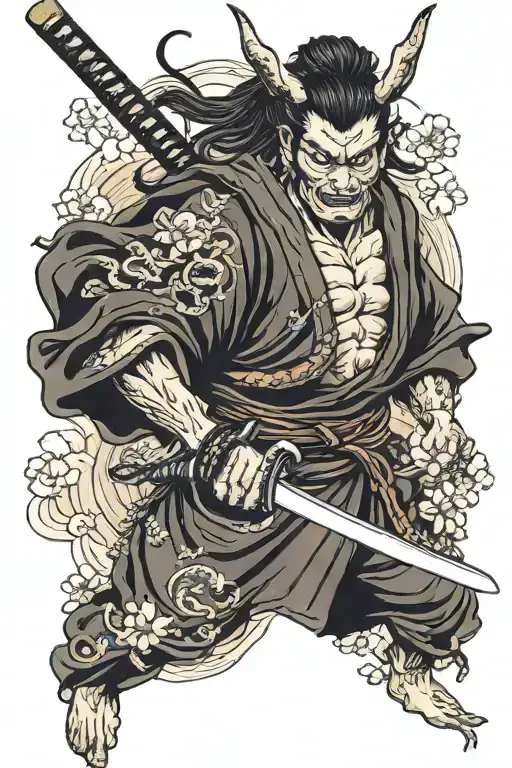 A samurai demon holding a katana with both hands. A snake wraps around the katana. waves, cherry blossoms tattoo design idea