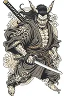 A samurai demon holding a katana with both hands. A snake wraps around the katana. waves, cherry blossoms tattoo design idea