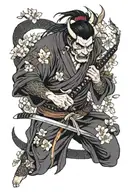 A samurai demon holding a katana with both hands. A snake wraps around the katana. waves, cherry blossoms tattoo design idea