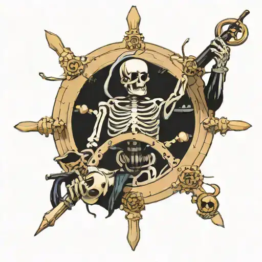 Skeleton captain steering ships wheel tattoo design idea