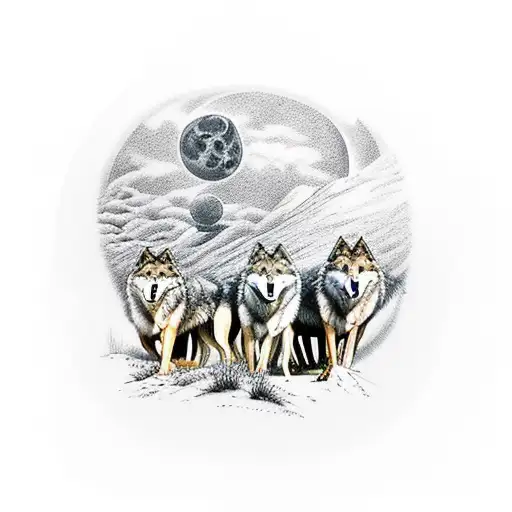 3 wolves on a hilltop one is the leader one is calm and one is crazy tattoo design idea