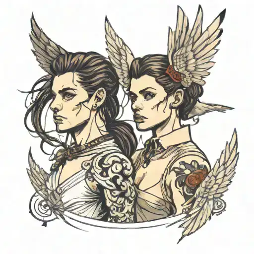 buff boy with brown hair and girl with crow hair with wings tattoo design idea