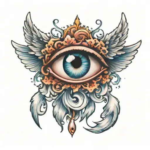 eye drop with tears clouds and full wings tattoo design idea