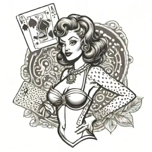 a 90s style pin up girl standing and holding playing cards  tattoo design idea