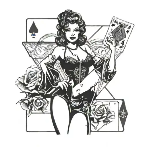a pin up girl in lingerie holding 2 ace playing cards tattoo design idea