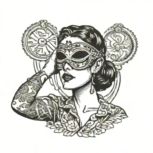 Woman lifting blindfold to look in the mirror tattoo design idea