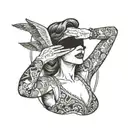 Woman lifting blindfold to look in the mirror tattoo design idea