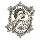 Woman lifting blindfold to look in the mirror tattoo design idea