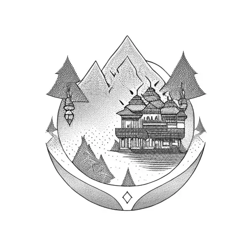 A majestic Cholas king surrounded by a serene mountain landscape tattoo design idea