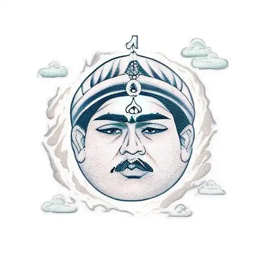 A majestic Cholas king surrounded by a serene mountain landscape tattoo design idea