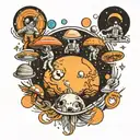 A universe, astronauts, psychedelic mushrooms, lsd, anime, video games, history and planets being sucked into a black ho tattoo design idea