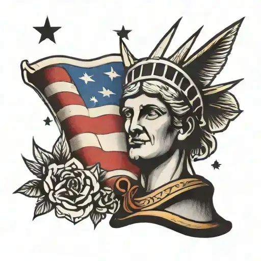 American traditional style tattoo with a distressed American flag, Statue of Liberty torch, liberty bell, head of a bald tattoo design idea