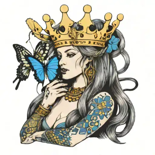 Long-haired woman wearing a golden crown with a snake on her body and a blue butterfly on her hand tattoo design idea