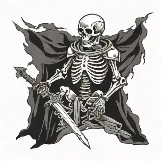 skeleton with knight armor half broken standing on  pile of skulls with a sword on the pile of skulls tattoo design idea