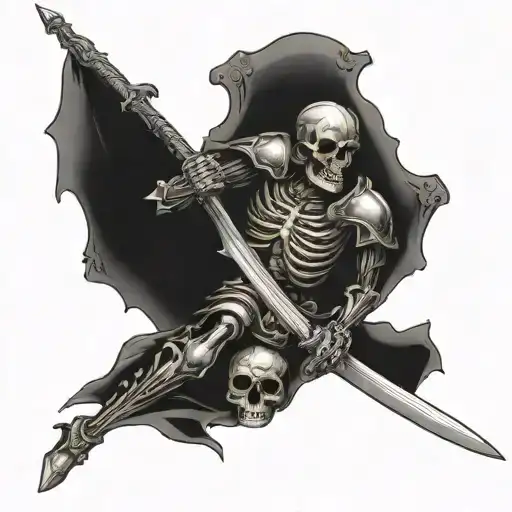 skeleton with knight armor half broken standing on  pile of skulls with a sword on the pile of skulls tattoo design idea