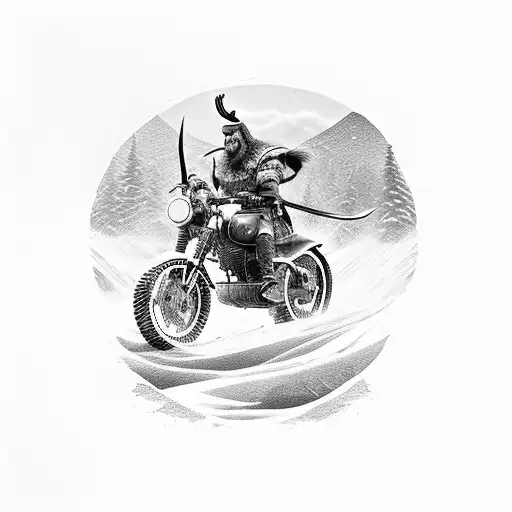 A fierce Viking warrior riding a motorcycle through a snowy landscape tattoo design idea