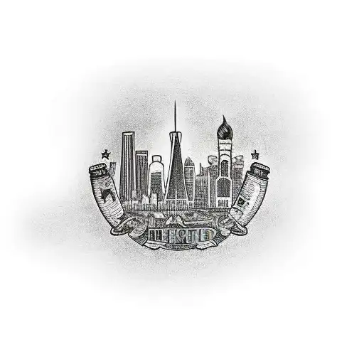 Beer bottle with a city skyline inside tattoo design idea