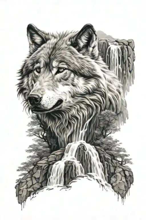 wolf head and waterfall cascading tattoo design idea