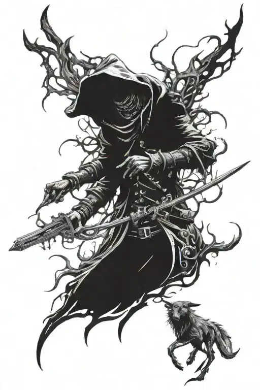 bloodborne hunter killing a beast shadowed tattoo design idea