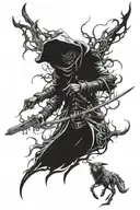 bloodborne hunter killing a beast shadowed tattoo design idea