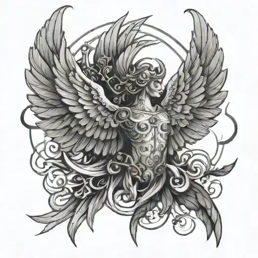 An intricate tattoo design featuring a winged seraph with elongated wings and celestial elements tattoo design idea