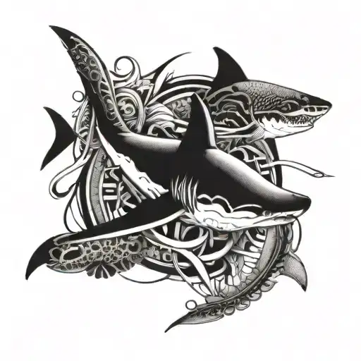 Polynesia shark and turtle with line edging on thigh tattoo design idea