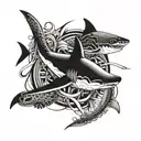 Polynesia shark and turtle with line edging on thigh tattoo design idea