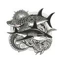 Polynesia shark and turtle with line edging on thigh tattoo design idea