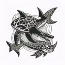 Polynesia shark and turtle with line edging on thigh tattoo design idea