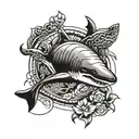 Polynesia shark and turtle with line edging on thigh tattoo design idea