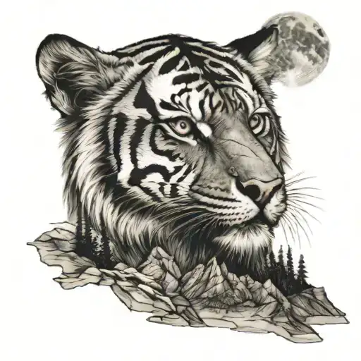 tiger on a mountain calm wolf with moon tattoo design idea
