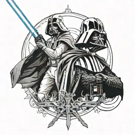 A blackwork tattoo of a lightsaber duel between Darth Vader and Luke Skywalker tattoo design idea