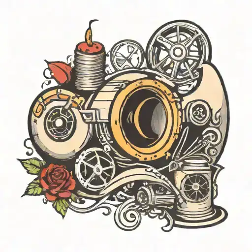 A turbocharger surrounded by music notes and travel landmarks tattoo design idea