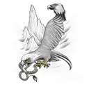 half sleeve with eagle holding snake, cardinal flying, and filler of ocean, mountains, and desert tattoo design idea