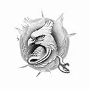 half sleeve with eagle holding snake, cardinal flying, and filler of ocean, mountains, and desert tattoo design idea