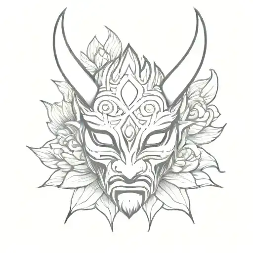 half oni mask tattoo with lotus flowers in black and white on thigh tattoo design idea