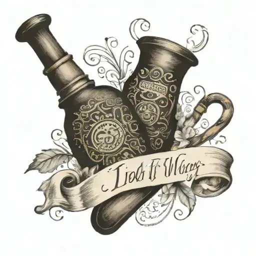 Intricate pattern incorporating 'I did it my way' lyrics with tobacco smoking pipes and whiskey bottles tattoo design idea