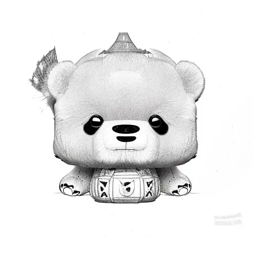 A Funko Pop panda bear surrounded by a collection of stuffed animals tattoo design idea