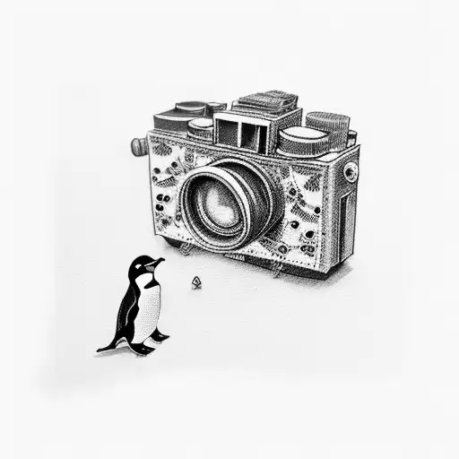 A film camera with penguins as the filmstrip tattoo design idea