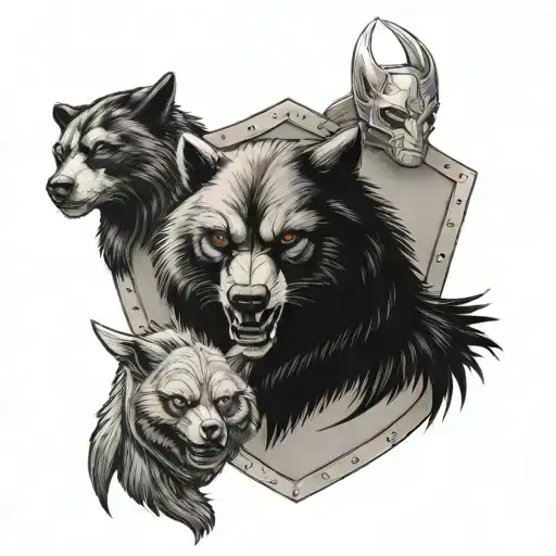 a shield divided in four with an engraving of a wolverine a wolf a raven and a panda tattoo design idea