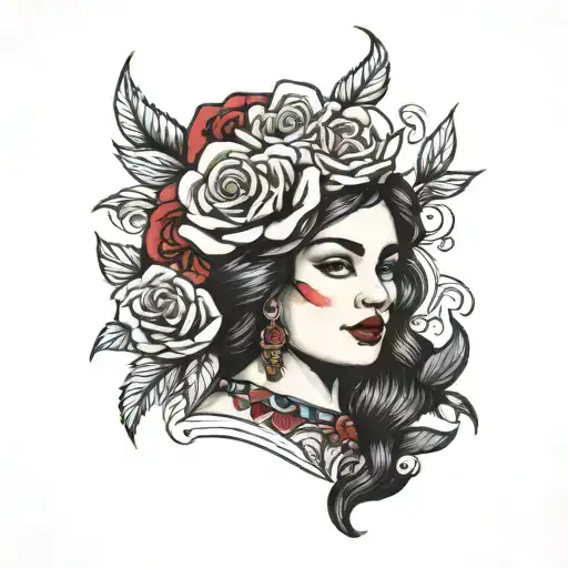 Mexican woman in contrast with roses tattoo design idea