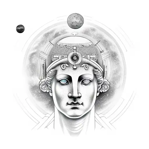 greek statue with solar system around its head tattoo design idea