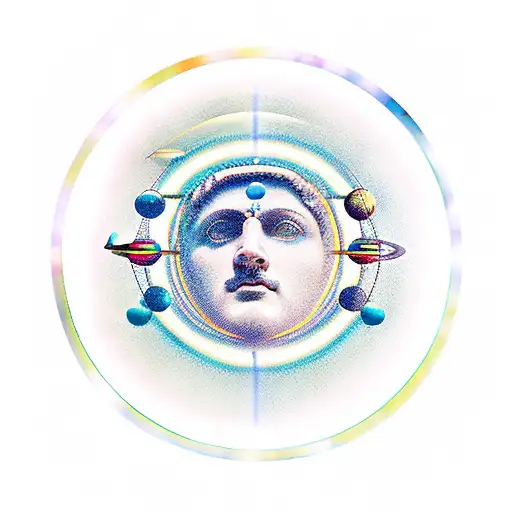 greek statue with solar system around its head tattoo design idea