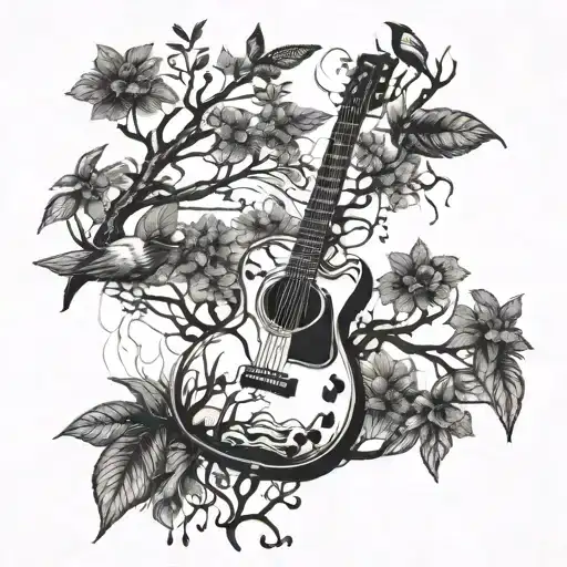 A vintage style electric guitar surrounded by peaceful nature elements like trees and birds tattoo design idea