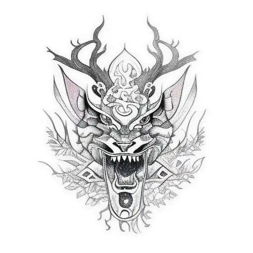 A mystical forest creature inspired by the Azores folklore practicing karate moves tattoo design idea