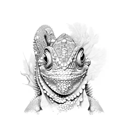 a chameleon on a brunch black and white tattoo design idea